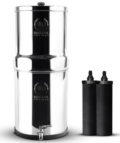 PHOENIX GRAVITY - 1.5 Gallons NSF Certified AISI 304 Stainless Steel Countertop Water Filter System with 2 Smart (Black) Carbon Filter Elements & Free Stainless Steel Water Spigot (1.5G)