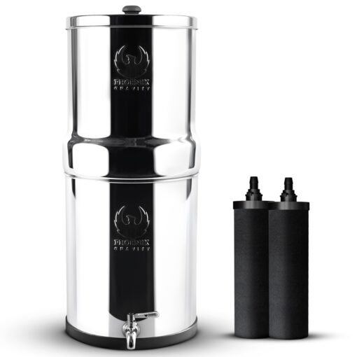 PHOENIX GRAVITY - 1.5 Gallons NSF Certified AISI 304 Stainless Steel Countertop Water Filter System with 2 Smart (Black) Carbon Filter Elements & Free Stainless Steel Water Spigot (1.5G)