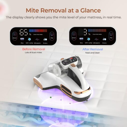 JIGOO Mattress Vacuum Cleaner with UV-C Light, 15Kpa Suction 700W Powerful Double-Cup Handheld Vacuums, Bed Cleaner with Smart Dust Sensor, Ultrasonic, Heating Tech, HEPA Filter, T600, White - Image 5