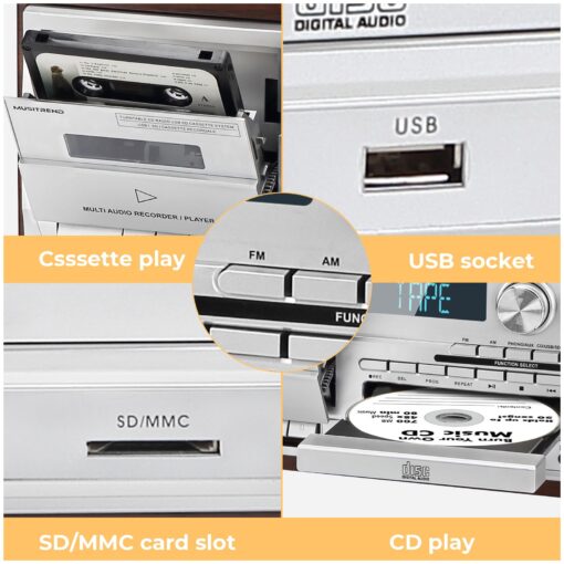 3-Speed Turntable 10 in 1Record Player with Bluetooth, AM/FM Radio, USB/SD/MMC, CD/Cassette Playback, Remote Control, and 2 External Speakers – Great for Gifting - Image 4