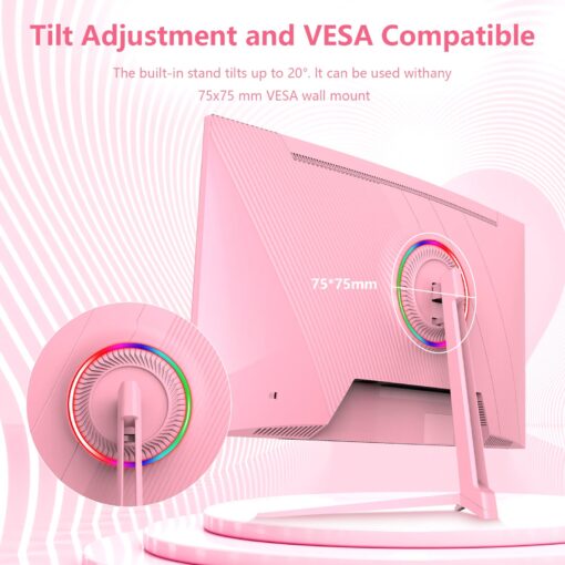 Raywego Pink 27 inch Curved Gaming Monitor 180Hz,QHD 1080P,1800R LED Display,Pink Computer Monitor,1ms (MPRT),FreeSync,Eye-Care Technology, DP, HDMI Port for Gaming Home Office,VESA(100mm*100mm) - Image 3