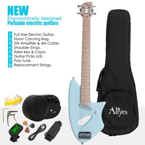 Aliyes Ultra Light Electric Guitar for Adult,Full 24 3/4" Scale for Travel and Practice,Portable Small Size Guitar Featherlight,Solid Wood,All Accessories (Ice Blue) - Image 7