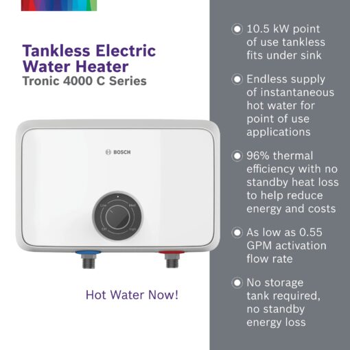 Bosch Thermotechnology Tronic 4000 Electric Tankless Water Heater, 10.5 kW, 13 x 8.5 x 4.5", White - Image 6
