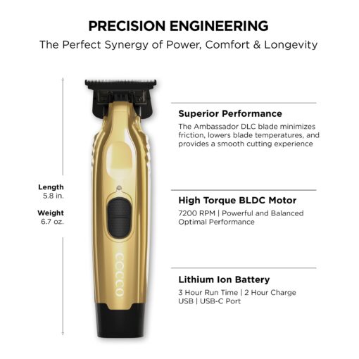 Cocco Veloce Pro Trimmer, Digital Gap Ambassador DLC Blade Edger, High-Torque Brushless BLDC Motor, Cordless, All-Metal Design, Lithium-Ion Battery, Charging Base Included, Gold - Image 9