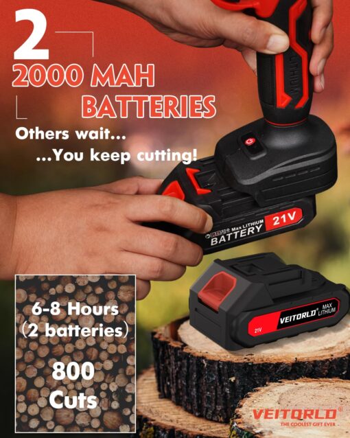 VEITORLD 2-IN-1 Cordless Electric Pole Pruning Shears, 15ft Reach, 1.2" Cutting Diameter, Battery Powered with 2x 2000mAh, Brushless Motor for Efficient Garden Tree Trimming, Branch Cutting（Red） - Image 4