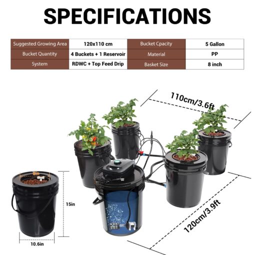 RDWC Top Feed Drip Hydroponics Systems, Recirculating Deep Water Culture Hydroponic Bucket System, 5 Gallon Hydroponics Growing System Kit with Water Pump, Air Pump(4 Bucket + Reservoir + Drip Kit) - Image 8