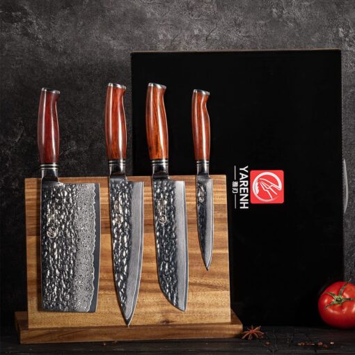 YARENH Cleaver Knife Set with Magnetic Block, Damascus Stainless Steel,73 Layers, 5 Piece Professional Sharp Kitchen Knife Set for Chef, Full Tang, Sandalwood Wood Handle - Image 2