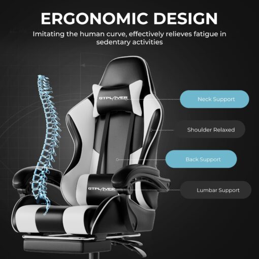 GTPLAYER Gaming Chair, Computer Chair with Footrest and Lumbar Support, Height Adjustable Game Chair with 360°-Swivel Seat and Headrest and for Office or Gaming (White) - Image 2