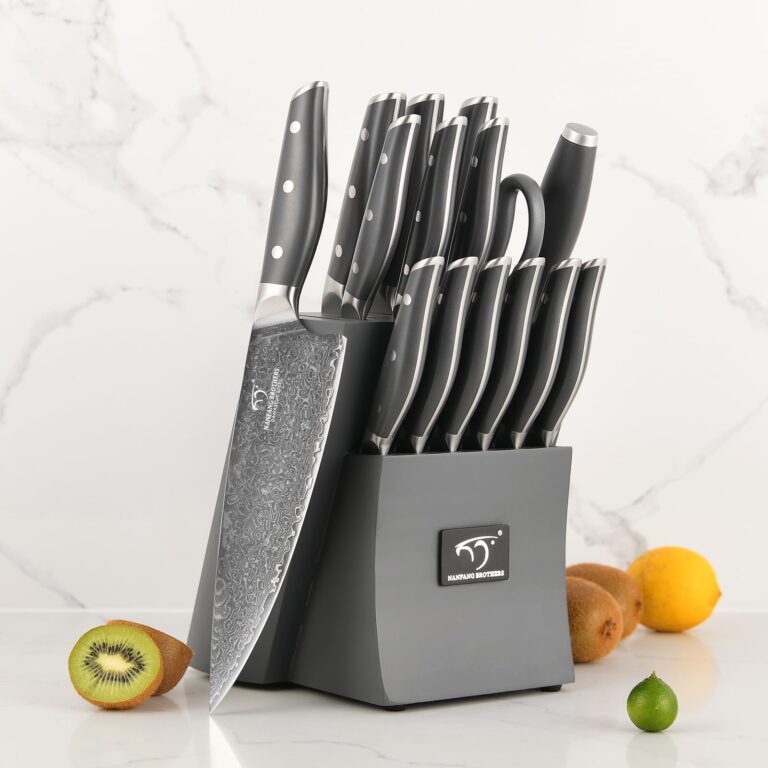 NF NANFANG BROTHERS Knife Set, 16-Pieces Damascus Kitchen Knife Set with Block, ABS Ergonomic Handle for Chef Knife Set, Carving Fork, Disconnect-type Knife Block Set (Gray) - Image 3
