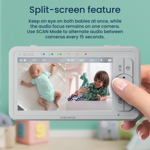 Babysense 5" HD Split-Screen Baby Monitor, Video Baby Monitor with 2 Cameras and Audio, Night Light, 1000ft Range, Two-Way Audio, 4X Zoom, Night Vision, 4000mAh Battery - Image 9