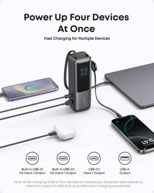 Anker Laptop Power Bank, 25,000mAh Portable Charger with Triple 100W USB-C Ports for Multi-Device Charging, Built-in and Retractable Cables, for iPhone 16/15 Series, MacBook, Samsung, and More - Image 3