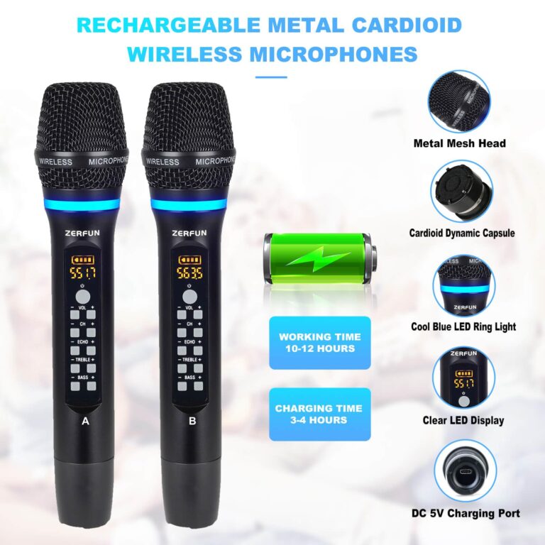 ZERFUN 4 Channel Rechargeable Wireless Microphone System, Pro UHF Metal Handheld Wireless Microphones Cordless Mics with Echo Treble BASS VOL Channel Control for Karaoke Singing Church(GT-200) - Image 8
