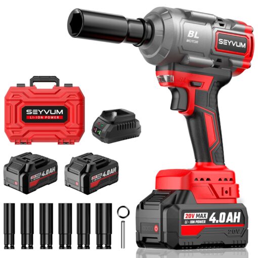 SEYVUM Cordless Impact Wrench, 1/2” Max Torque 600 Ft-lbs / 800 N.m Powerful Impact Gun, 20V 3500RPM Electric Impact Driver, 2 x 4.0Ah Battery & Fast Charger, 6 Impact Sockets, Carrying Case Included