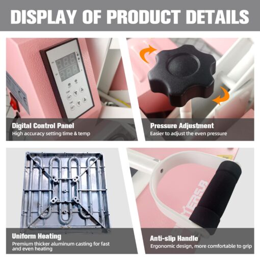 BetterSub Print T-Shirt Machine DIY Digital Industrial Quality Heat Press Machine Clamshell Transfer Sublimation Print Press Machine 15‘’x 15'' Pink - Image 3