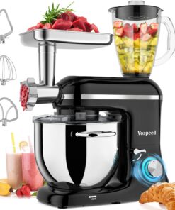Vospeed 9 IN 1 Stand Mixer, 850W Tilt-Head Multifunctional Electric Mixer with 8 QT Stainless Steel Bowl, 1.5L Glass Jar, Meat Grinder, Hook, Whisk, Beater Dishwasher Safe (Black)