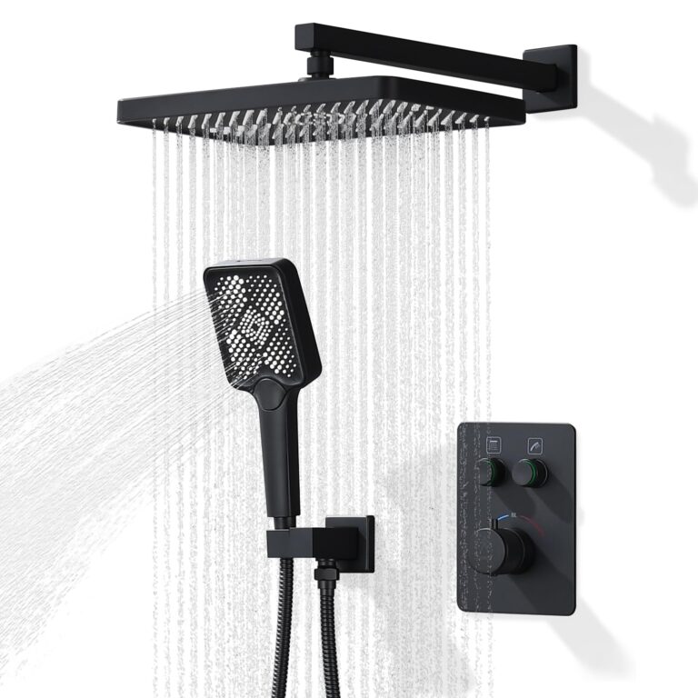 JQBQS Thermostatic Shower Valve/System 12 inches Black Brass Faucet Set With Diverter/Mixer With Handheld Rain Head High Pressure Modern Rainfall