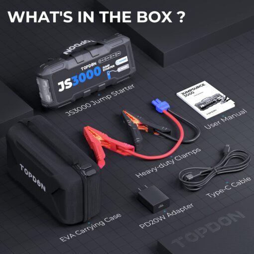 JS3000 12V 3000A Battery Booster Jump Starter Pack for Up to 9L Gas/ 7L Diesel Engines, Portable Car Battery Charger with Handle Jumper Cable and EVA Protection Case - Image 2
