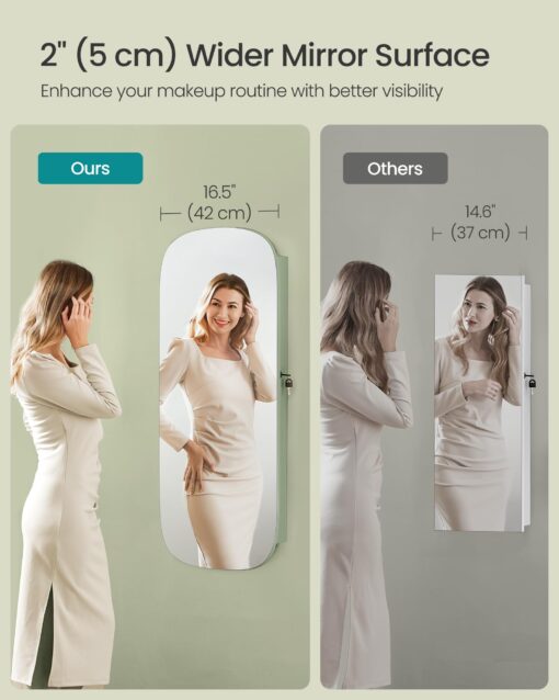 SONGMICS Jewelry Organizer, LED Jewelry Cabinet Wall or Door Mounted, Lockable Rounded Wide Mirror with Storage, Interior Mirror, 3.9 x 16.5 x 42.5 Inches, Laurel Green Surface with Cream White Lining - Image 5