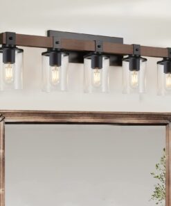 DUJAHMLAND 5-Light Farmhouse Vanity Lights,Wood Bathroom Wall Lighting with Clear Glass, Industrial Metal Wall Sconce for Bedroom, Kitchen, Hallway (Wood, 5-Light)