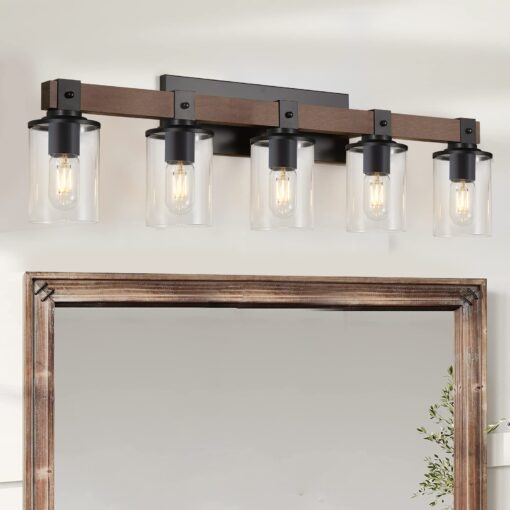 DUJAHMLAND 5-Light Farmhouse Vanity Lights,Wood Bathroom Wall Lighting with Clear Glass, Industrial Metal Wall Sconce for Bedroom, Kitchen, Hallway (Wood, 5-Light)