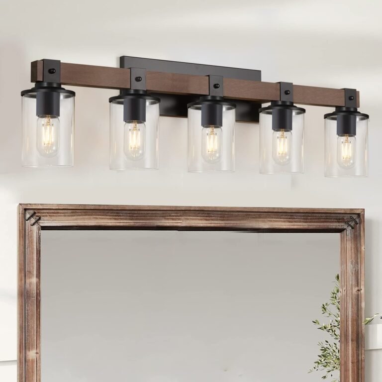 DUJAHMLAND 5-Light Farmhouse Vanity Lights,Wood Bathroom Wall Lighting with Clear Glass, Industrial Metal Wall Sconce for Bedroom, Kitchen, Hallway (Wood, 5-Light)