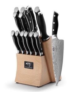 Damascus Kitchen Knife Set, 15-Piece Kitchen Knife Set with Block, ABS Ergonomic Handle for Chef Knife Set and Serrated Steak Knives Knife Sharpener and Kitchen Shears, Beechwood Block