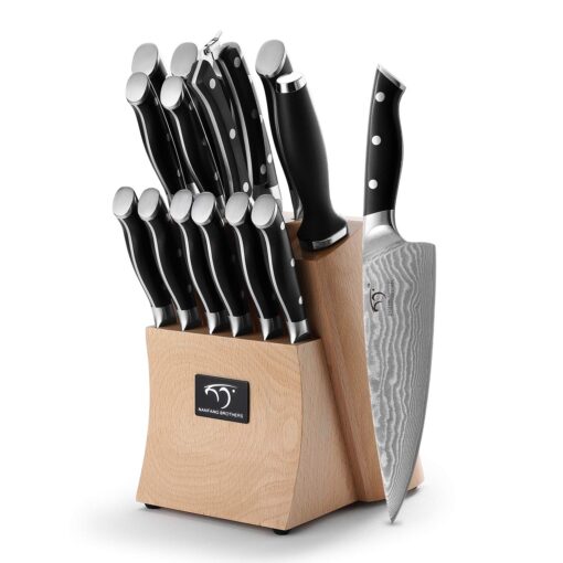 Damascus Kitchen Knife Set, 15-Piece Kitchen Knife Set with Block, ABS Ergonomic Handle for Chef Knife Set and Serrated Steak Knives Knife Sharpener and Kitchen Shears, Beechwood Block