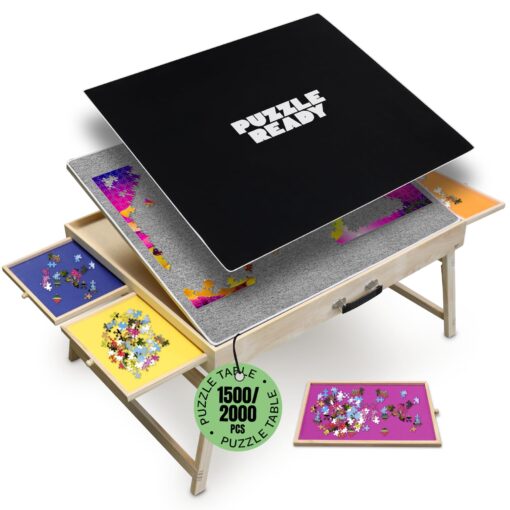 Puzzle Ready 1500-Piece Wooden Jigsaw Puzzle Table - 27" x 36" Foldable Portable Puzzle Board Design with Short Legs, 4 Colorful Drawers, 3 Adjustable Angles & Cover Mat - Image 2