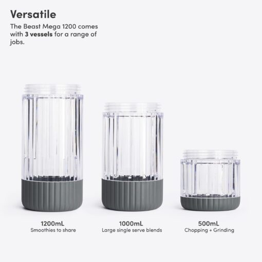 Beast Mega 1200 | Premium Countertop Blender | Smoothies, Shakes, Sauces, Dips, Soups | Blends Ice and Frozen Fruit | XL Vessel | Extra Vessels, Straw System Included | 1200W | (Charcoal, 120V) - Image 4
