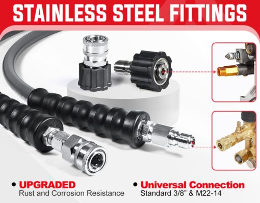 YAMATIC 3/8" Pressure Washer Hose 125FT with Stainless Steel Swivel 3/8" Quick Connect, 4200 PSI Non Marking Rubber Wear Resistant Steel Braided Industry Grade for Hot/Cold Water Gas Power Washer - Image 6