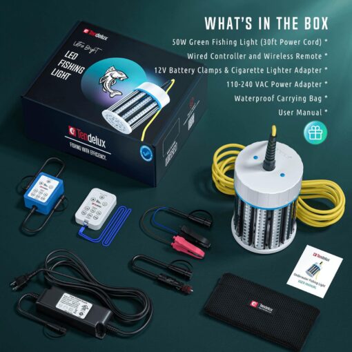 Tendelux Ultra-Bright Underwater Fishing Light with Controller, 110V & 12V Green LED Submersible Light Attractants for Docks, Boats or Kayaks, IP68 Rated for Fresh & Salt Water (30ft Cable) - Image 2