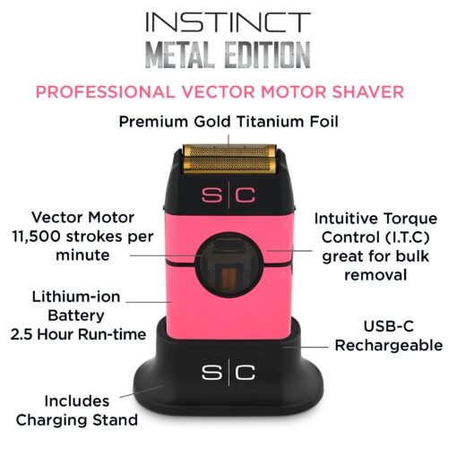 StyleCraft Instinct Metal Cordless Double Foil Shaver with IN2 Vector Motor Intuitive Torque Control, USB-C Rechargeable (Pink) - Image 6