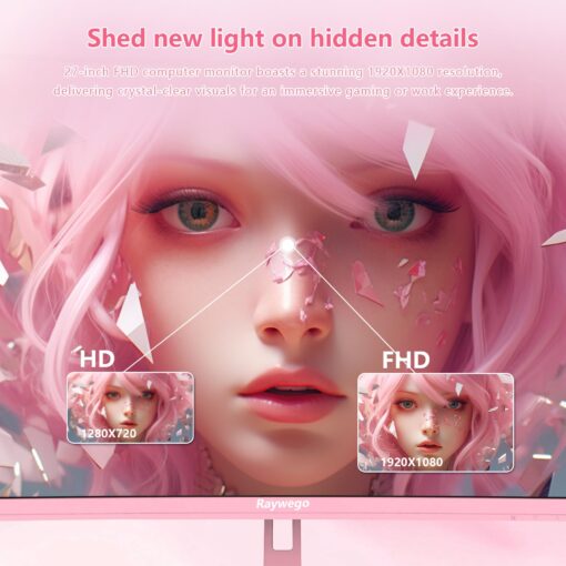 Raywego Pink 27 inch Curved Gaming Monitor 180Hz,FHD 1080P,1800R LED Display,Pink Computer Monitor,1ms (MPRT),FreeSync,Eye-Care Technology, DP, HDMI Port for Gaming Home Office,VESA(75mm*75mm) - Image 7