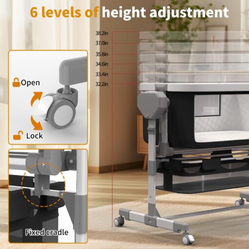 ErmeiRabbit Rocking Bassinet for Baby, Electric Baby Bassinet Automatic 5 Rocking Motion Bassinet Bedside Sleeper for Newborn, Auto Rolling Baby Cradle 6 Height Adjustable with 4 Lullabies - Image 4