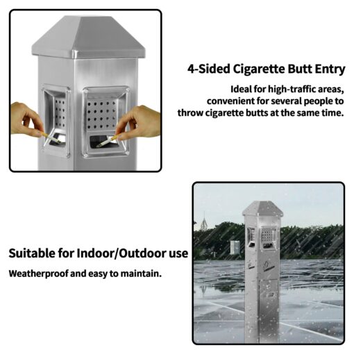 lukar Commercial Butt Receptacle Outdoor Metal Trash Can Heavy Duty Standing Ash Bin for Patios Gardens Hotels Pubs Offices (Silver) - Image 7