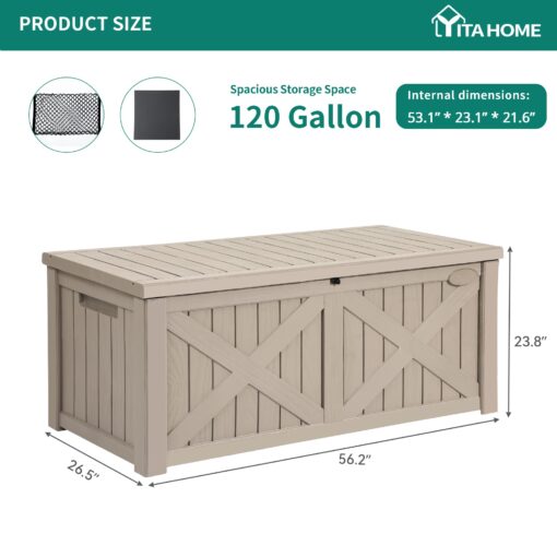 YITAHOME 120 Gallon Large Outdoor Storage Box with X-Shaped Front, Waterproof Resin Deck Box Cushion Storage Bench for Patio, Pool Supplies, Garden Tools- Lockable, Taupe - Image 2