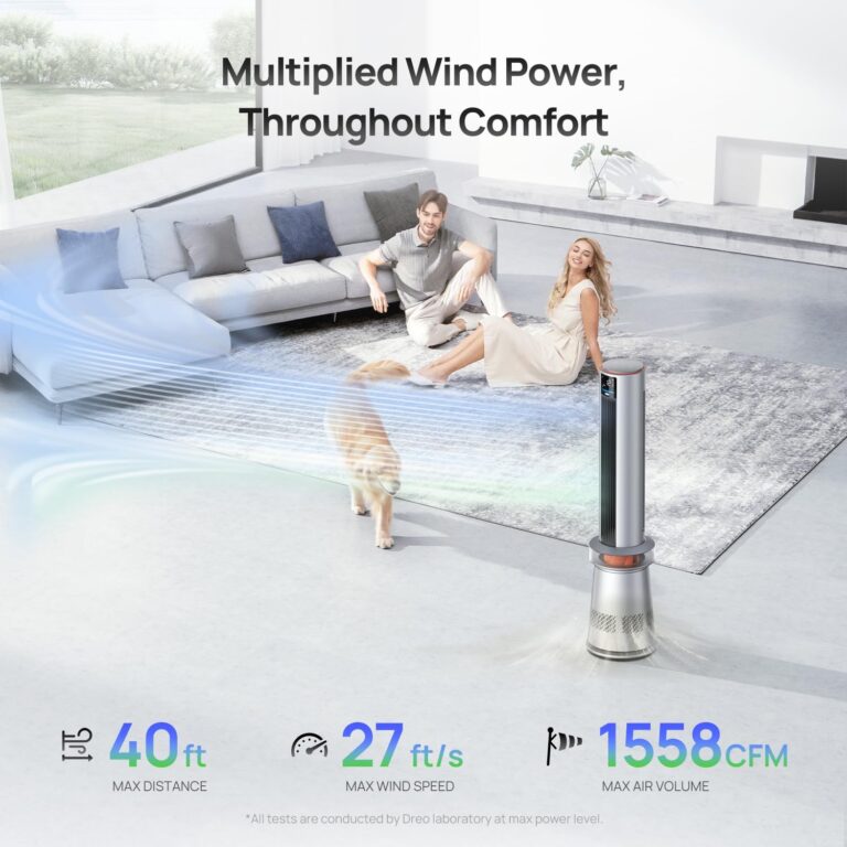 Dreo Air Purifier Tower Fan, 45" 2-in-1 Smart Fan for Bedroom, 27ft/s Velocity, 120°Oscillation, 24H Timer Bladeless Fans for Home, 25dB Low Noise, Standing Fan Works with Alexa, MC710S, Silver Orange - Image 5