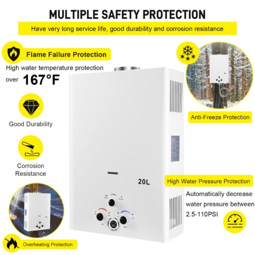 Tankless Water Heater Propane 5.26GPM 20L Outdoor Portable GasHot Water Heater Instant Propane Water Heater with Digital Display Multi-Protection for Camping Trips Boat Cabins - Image 3