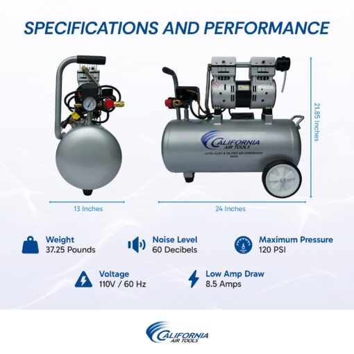 California Air Tools 8010A 1.0 HP Ultra Quiet and Oil-Free Air Compressor, 8 Gallon Aluminum Tank, Lightweight with Wheels, 60 dBA Noise Level - Image 3