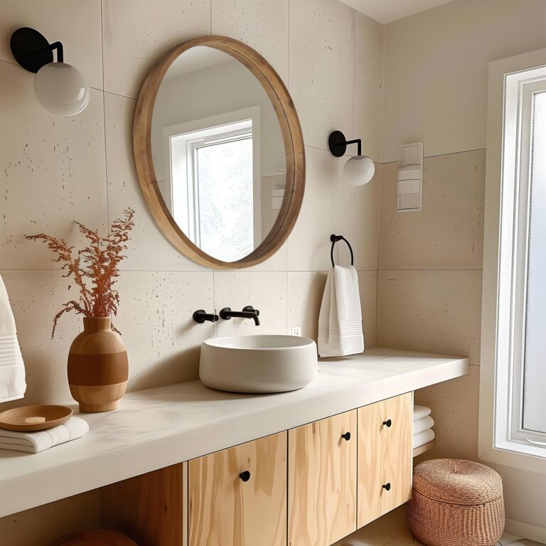 GIFTTROVE 36" Bathroom Mirror, Round Wall Mirror with Wood Frame, Farmhouse Mirror for Wall Decor, Wall-Mounted Mirror for Bedroom, Living Room, Brown - Image 7