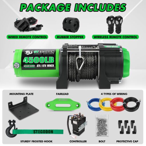 STEGODON 4500 Winch 12V Electric ATV/UTV Winch with Synthetic Rope,2pcs Wireless Remote and Winch Stopper for Towing Jeep Off-Road SUV Truck Car Trailer Boat - Image 3