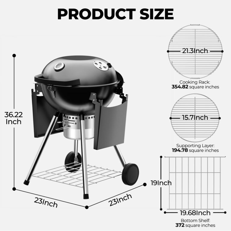 Harbweb 22 Inch Charcoal Grill with 2 Foldable Side Tables,Charcoal Kettle Grills with Wheels,Outdoor bbq Grill,Portable Charcoal Grill for Camping,Party,Backyard (Black) - Image 5