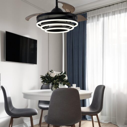 Zenouidle 42" Retractable Ceiling Fan Modern Ceiling Fans with Lights and Remote, Silent DC Motor,3 Color 6 Speed 3 Round Rings Chandelier Ceiling Fan with Lights for Bedroom Living Room(Black) - Image 3