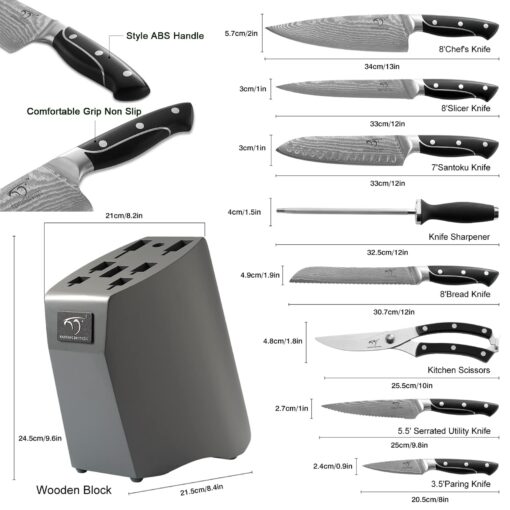 Damascus Kitchen Knife Sets, 9 Pieces Kitchen Knives Set with Block, ABS Ergonomic Handle for Chef Knife Set, Knife Sharpener and Kitchen Shears, Knife Block Set - Image 9