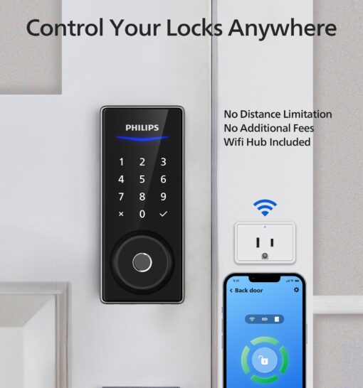Philips Wi-Fi Smart Door Lock, Keyless Entry Door Lock with App Control,Fingerprint ID,Auto Lock,Keypad Deadbolt with Wi-Fi Bridge Adaptor,Smart Locks for Front Door-Satin Nickel - Image 7