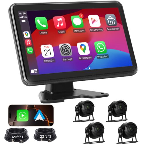 Losuudy 4 Channel Backup Camera Dash Cam System for Trucks, RVs, Trailers, Carplay & Android Auto, 10'' Touch Screen Monitor, 4 HD1080P Wired Rearview Reverse Cameras with Night Vision, IP68-rated.