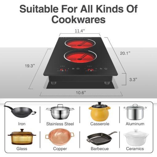 VBGK Electric Cooktop, 12 Inch Built-in Radiant Electric Stove Top,110V 2100W Electric burner with 2 Burners, 9 Heating Level, Timer & Kid Safety Lock, Sensor Touch Control 2 burner Induction Cooktop - Image 6