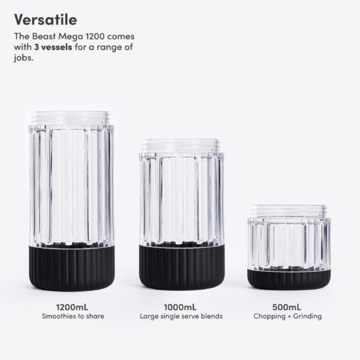 Beast Mega 1200 | Premium Countertop Blender | Smoothies, Shakes, Sauces, Dips, Soups | Blends Ice and Frozen Fruit | XL Vessel | Extra Vessels, Straw System Included | 1200W | (Carbon Black, 120V) - Image 4