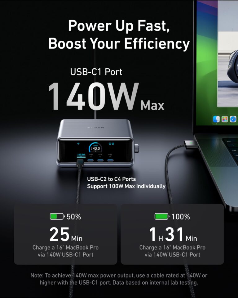 Anker Prime Charger, 250W GaN Prime USB C Charging Station, Ultra-Fast 6-Port, 2.26" LCD Display and Smart Control Dial, Compatible with MacBook Pro/Air, iPhone 16/15/14, Galaxy, and More (Silver) - Image 4