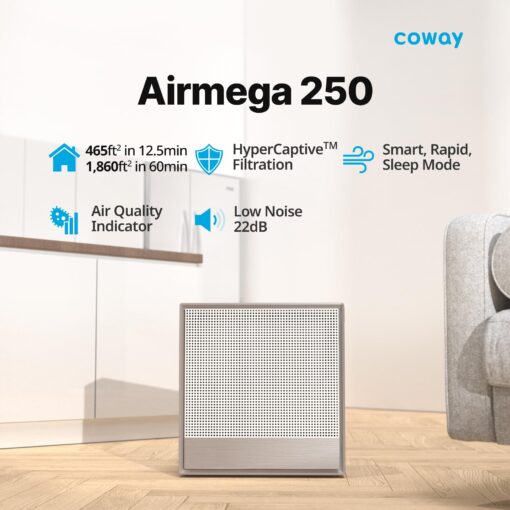 COWAY Air Purifiers for Home Large Room Up to 1,860 ft², Washable Pre-Filter and True HEPA Filter for Smoke, Allergies, Pet Dander, Odor, AQI, Smart & Rapid Mode, Timer, 3yr Warranty, 250 - Image 9